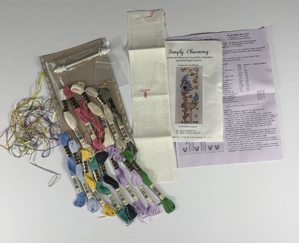Simply Charming Blue Birds Bell Pull Silk Ribbon Cross Stitch Kit Lois Winston